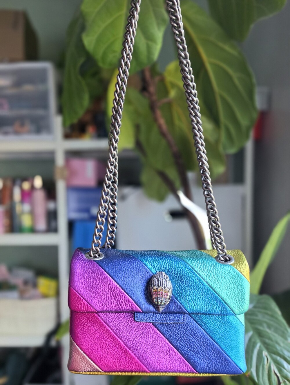 Kurt Geiger Rainbow Chevron Leather Crossbody Bag - Pink Purple Blue Teal Yellow - Picture 2 of 12